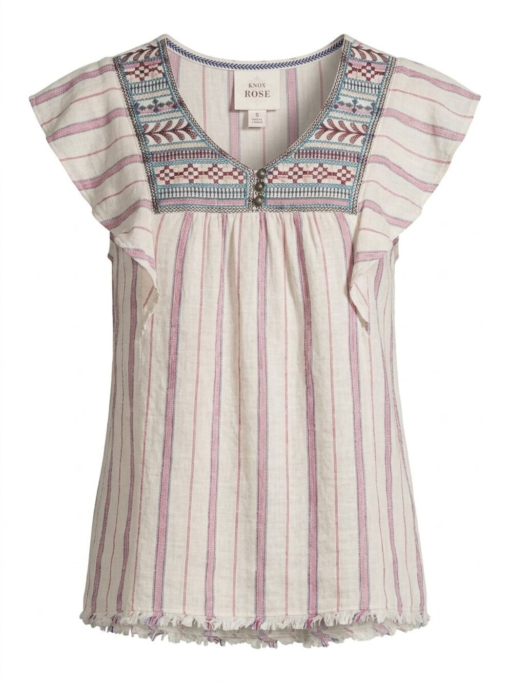 Knox Rose Linen Blend Striped Flutter Sleeve Blouse Women Size S